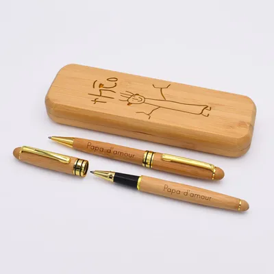 Coffret bambou personnalisé et 2 stylos gravés 170x60 mm